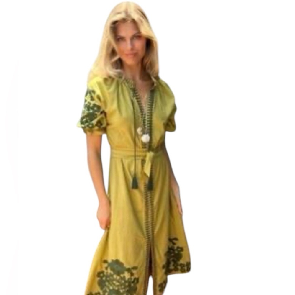 Julie Amory coatue caftan Green Embroidery Midi short sleeve Dress Tassel Tie xs